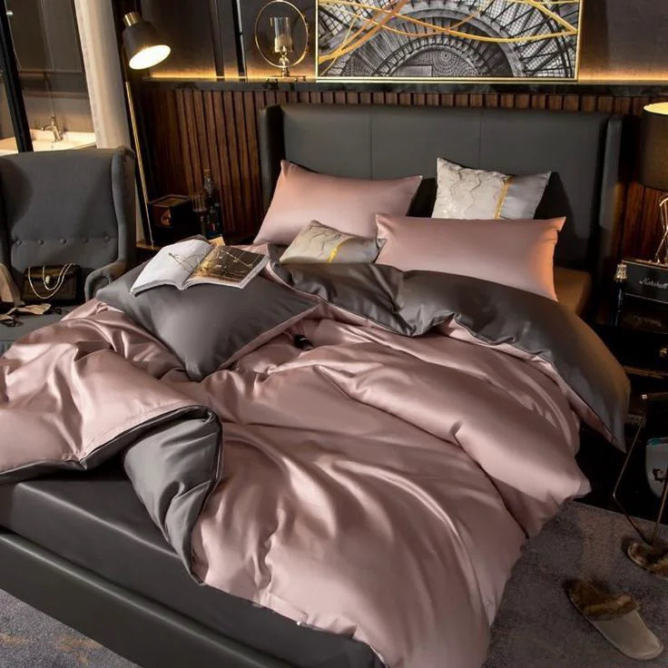 The Blush & Slate Reversible Silk-Satin Duvet Set