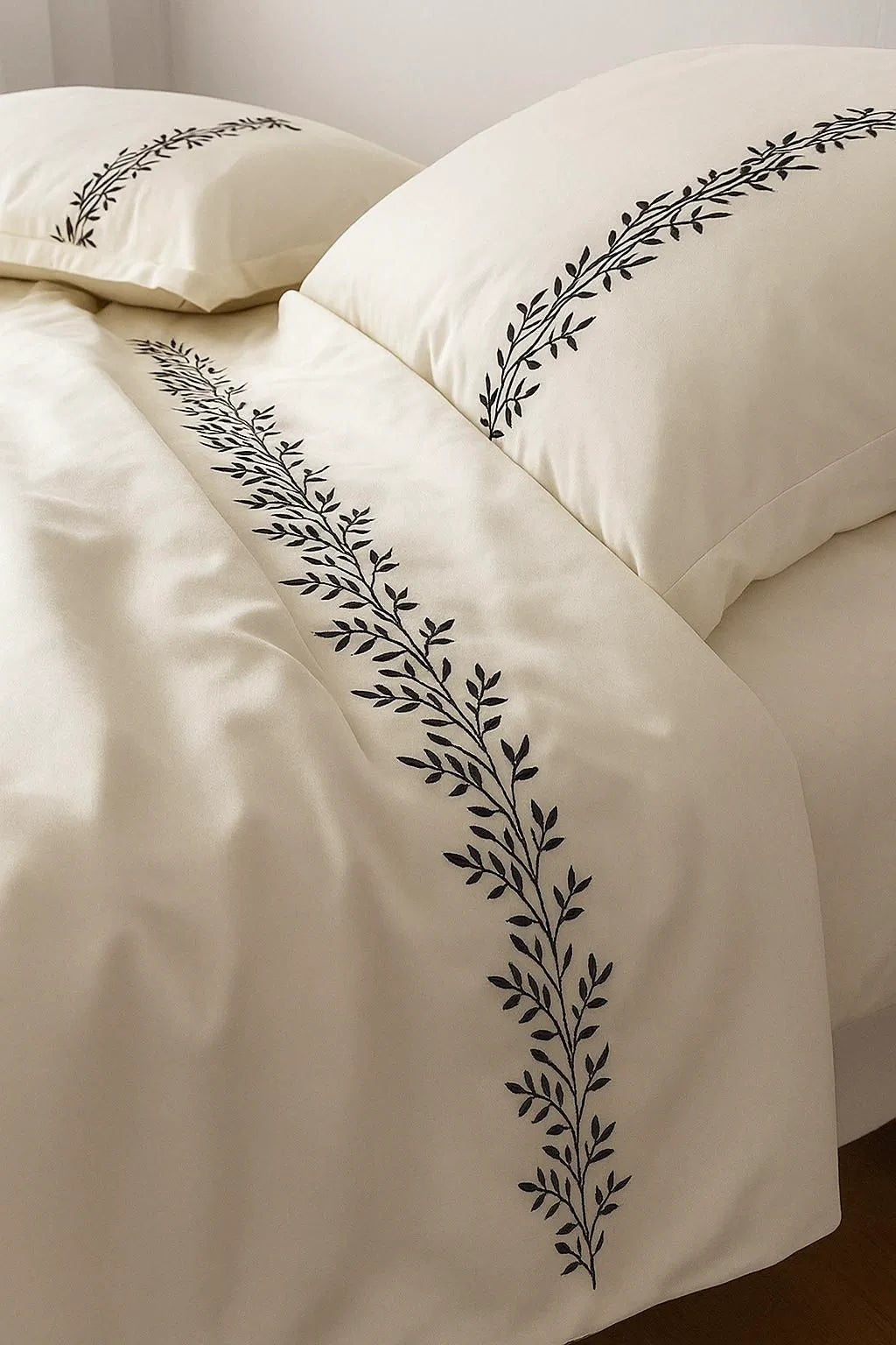 Ivory & Noir Leaf Embroidery Luxury Duvet Set