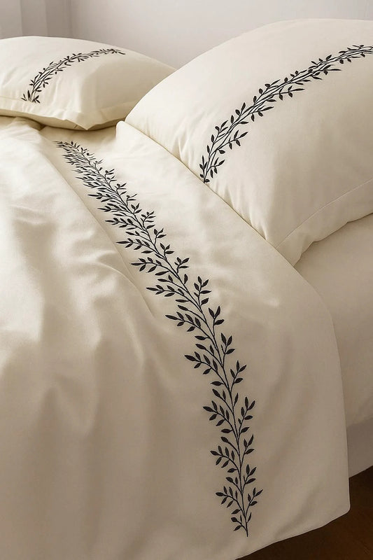 Ivory & Noir Leaf Embroidery Luxury Duvet Set